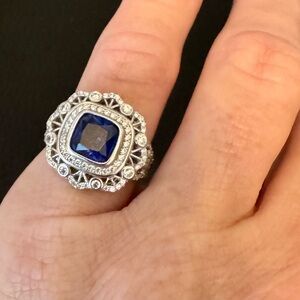 Blue Sapphire Lab Created & White Diamond Simulants over Silver. Size 6.